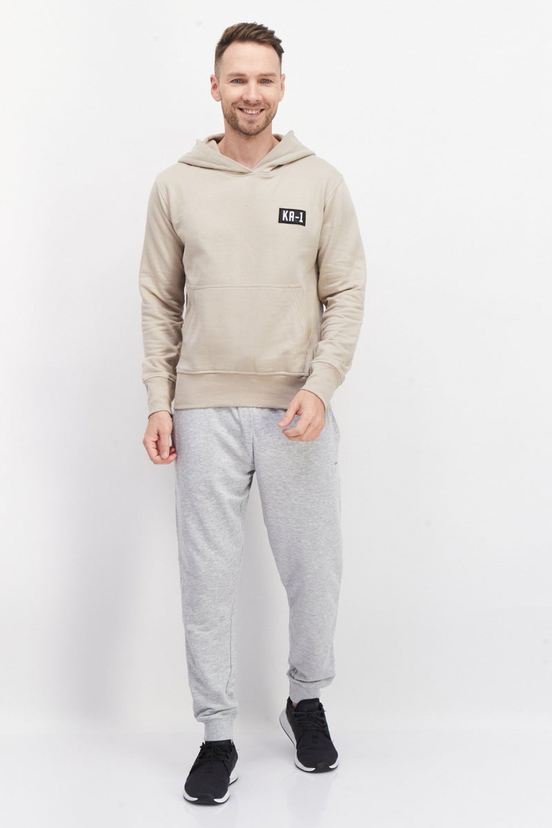 KA-1 Men Hooded Long Sleeve Patched Logo Sweatshirt, Beige - Image 3